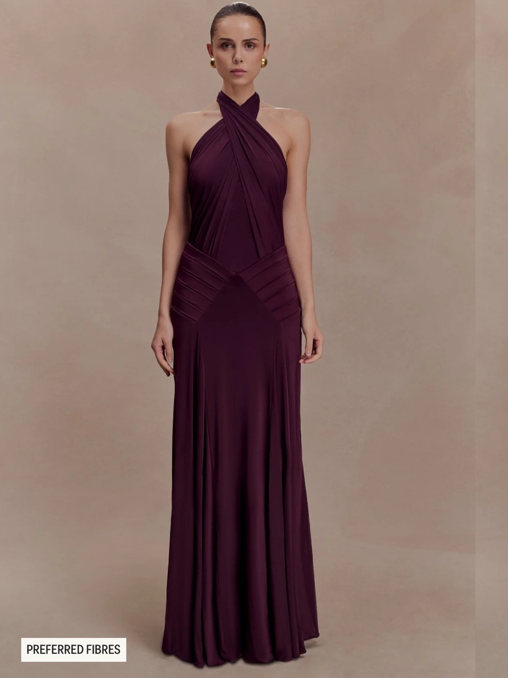 Meshki - Indira Gathered Slinky Halter Maxi Dress - Mahogany